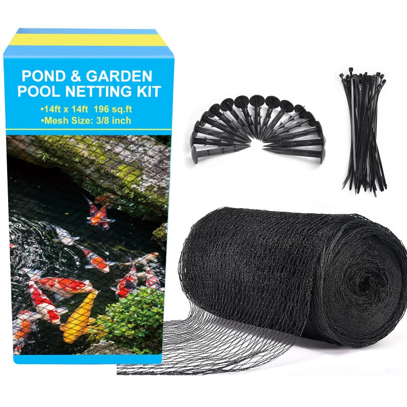 BUZIFU Pond Netting, 14 x 14 FT Pond Net Heavy Duty Pond Netting for Koi Ponds, Garden Pool Fine Mesh Netting Kit for Leaves, Protects Koi Fish from Birds Cats Predators, with 14 Stakes and 30 Cable Zip Ties - Image 1